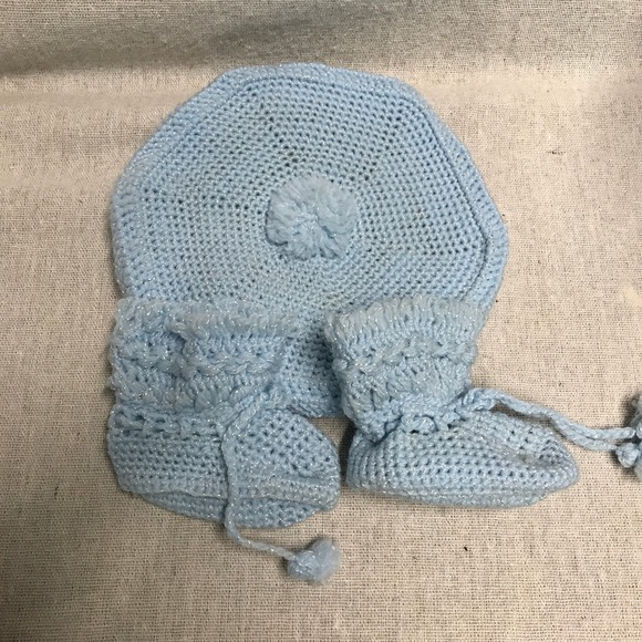 Other - Vintage Hand Crochet Baby Hat and Booties Doll or Baby Blue Newborn Size